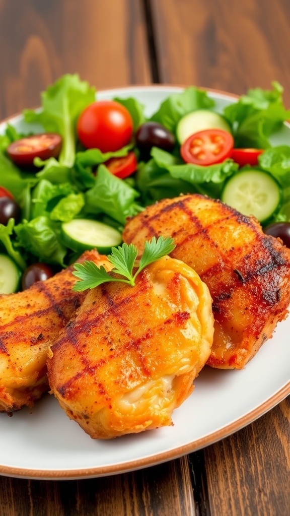Keto Air Fryer Chicken Recipe Crispy air fryer chicken served with a fresh salad on a rustic table.
